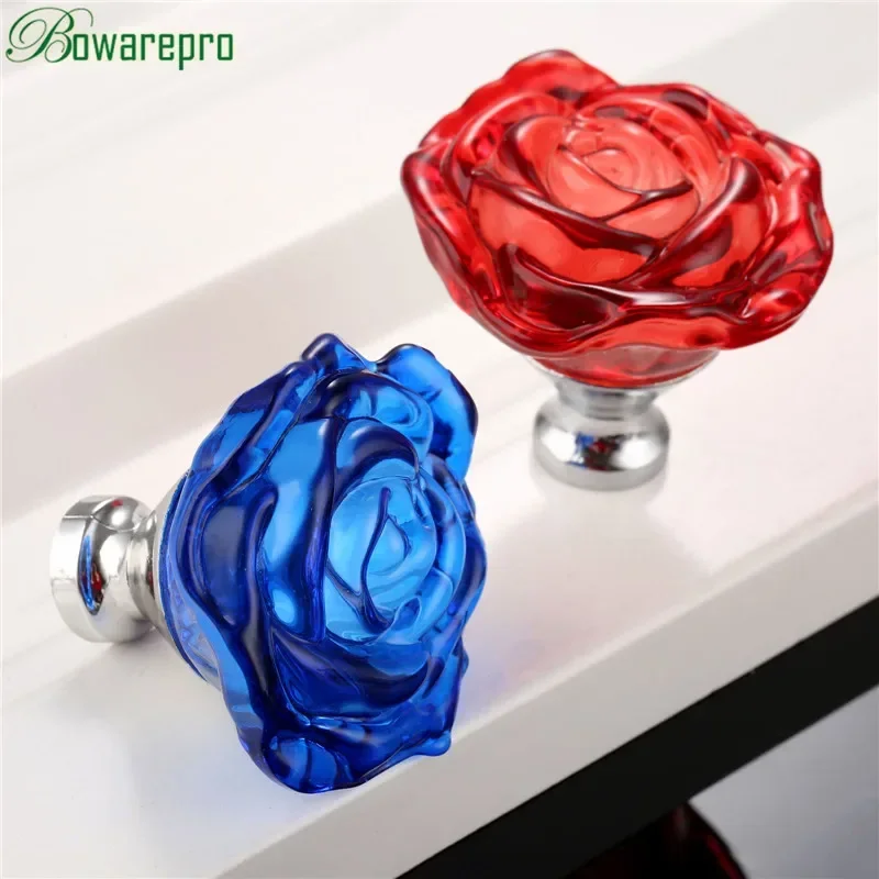 Furniture Hardware Manufacturers - bowarepro 50 mm Kristall-Ros-Glasgriff, Schrankknopf, Schubladengriff,